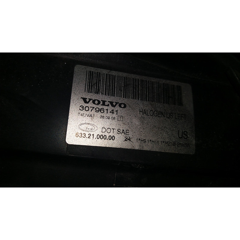 30796141 Volvo S80 Left Black Halogen Headlight 2007-2013