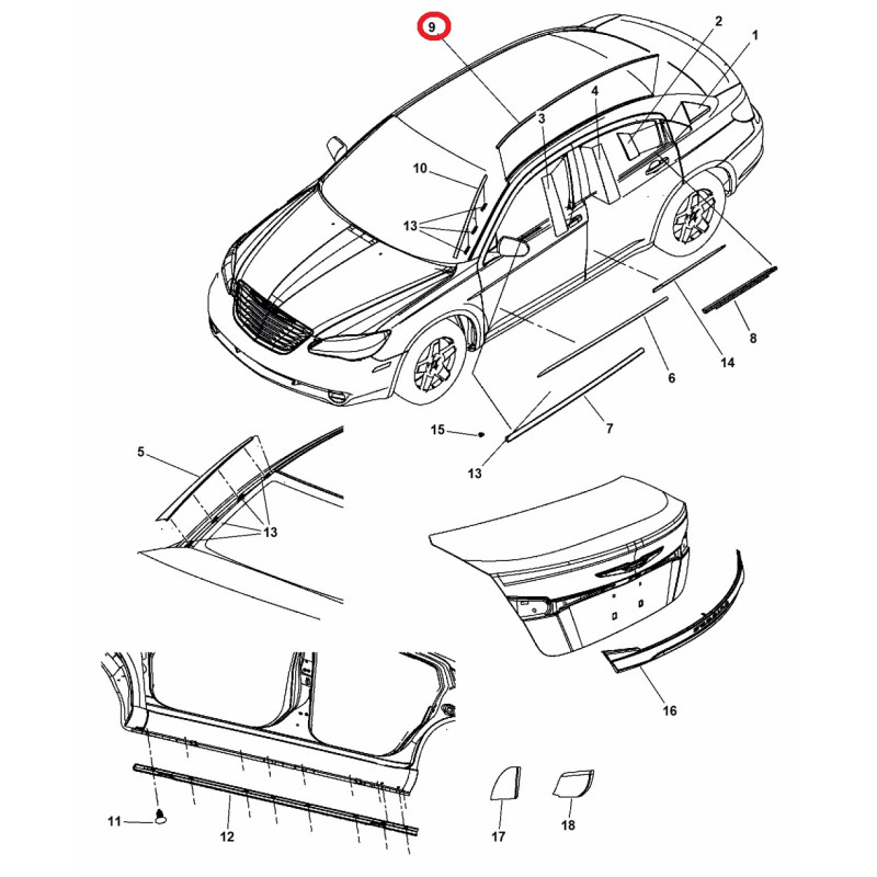 CHRYSLER 200 DODGE LEFT ROOF MOLDING 2011-2014 0ZU59RXFAC NEW
