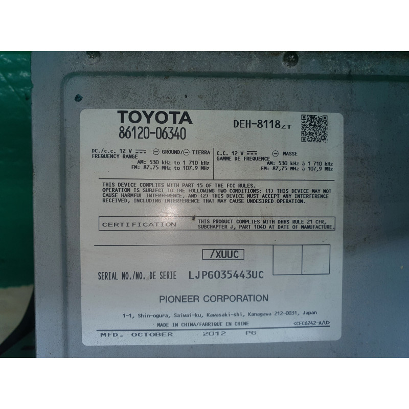 TOYOTA CAMRY RADIO CD PLAYER 2012-2014 86120-06340