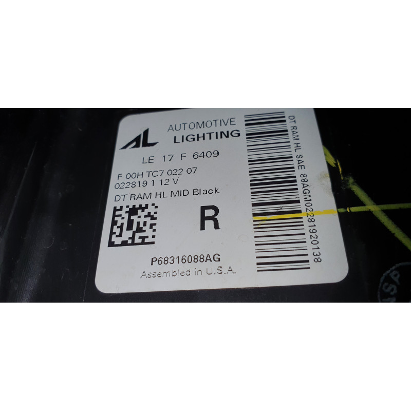 68316088AG Dodge Ram Right Mid Black Full LED Headlight 2019-2022