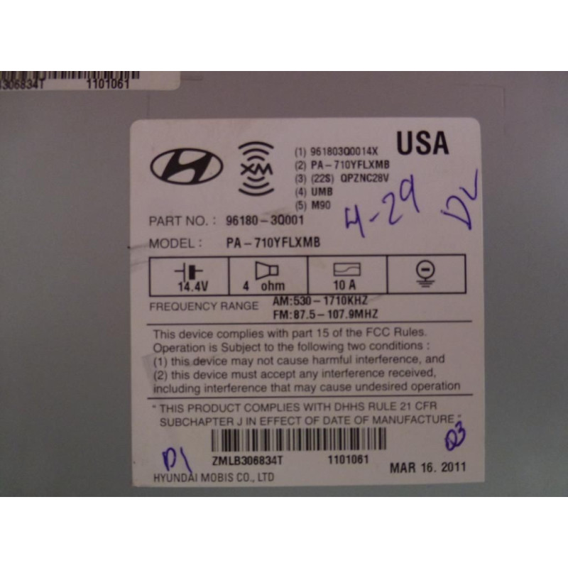 96180-3Q001 Hyundai Sonata Hybrid Radio Stereo 2011-2012