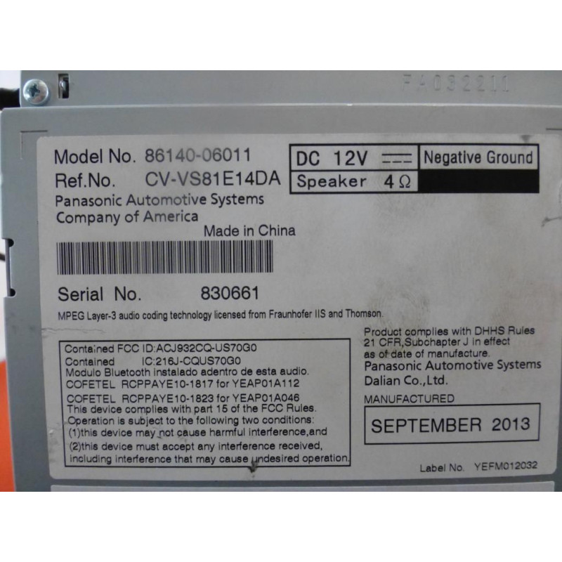 86140-06011 Toyota Camry Touchscreen LCD Display (with Bluetooth/CD/MP3/XM)